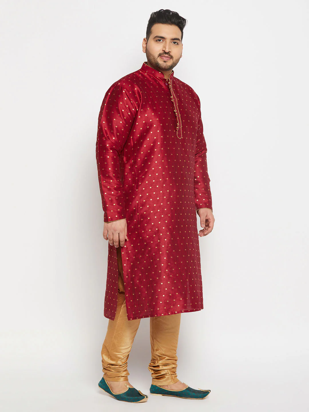 Men's Plus Size Maroon Zari Weaved Kurta Pyjama Set - Image 6