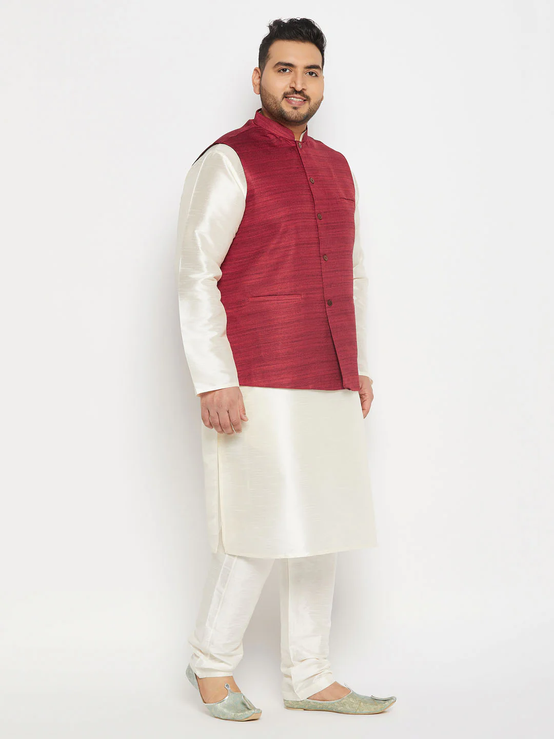 Men's Plus Size Maroon Matka Silk Nehru Jacket With Cream Silk Blend Kurta And Pant Style Pyjama Set - Image 2