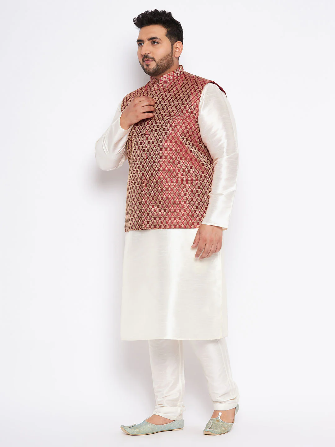 Men's Plus Size Maroon Silk Blend Jacket And Cream Kurta Pant Set - Image 7