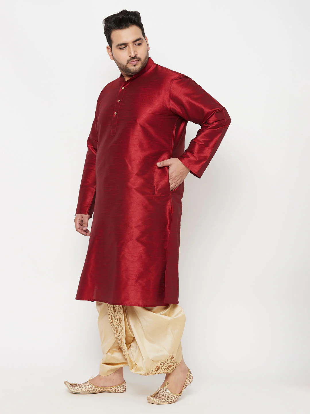 Men's Plus Size Maroon Silk Blend Kurta And Gold Dhoti Set - Image 2