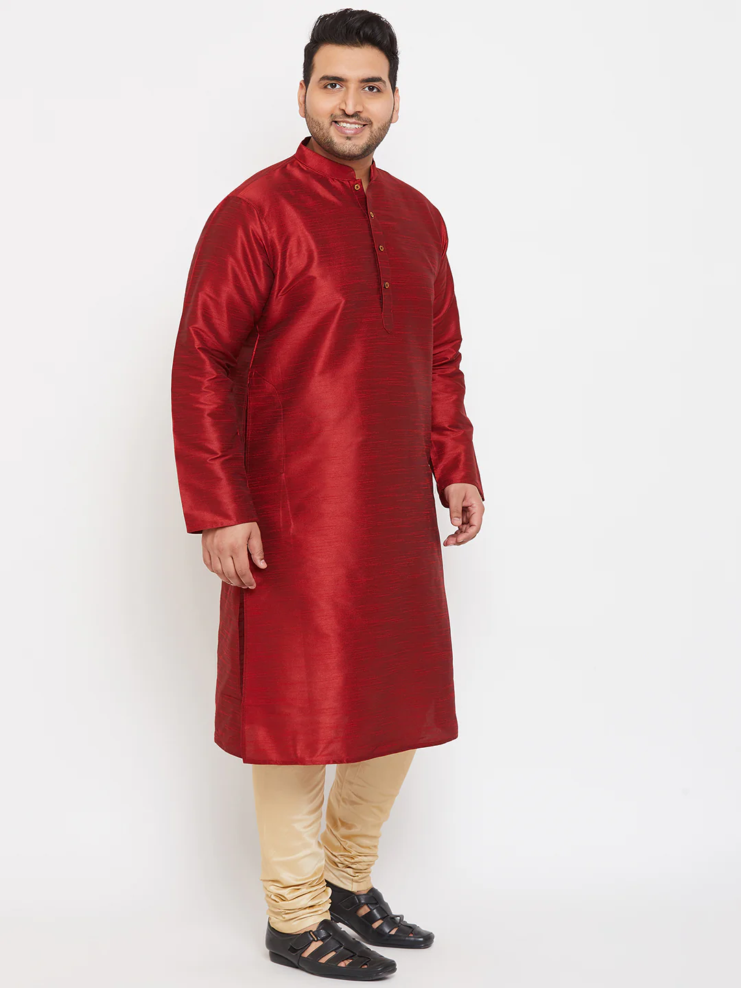 Men's Plus Size Maroon Silk Blend Kurta Pyjama Set - Image 2