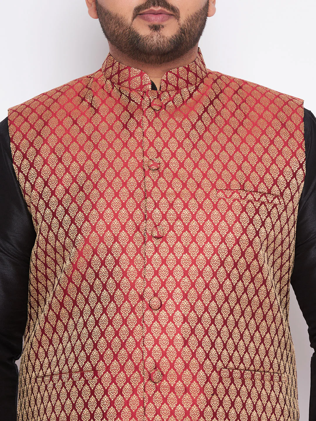 Men's Plus Size Maroon Woven Nehru Jacket With Black Kurta And Pyjama Set - Image 4