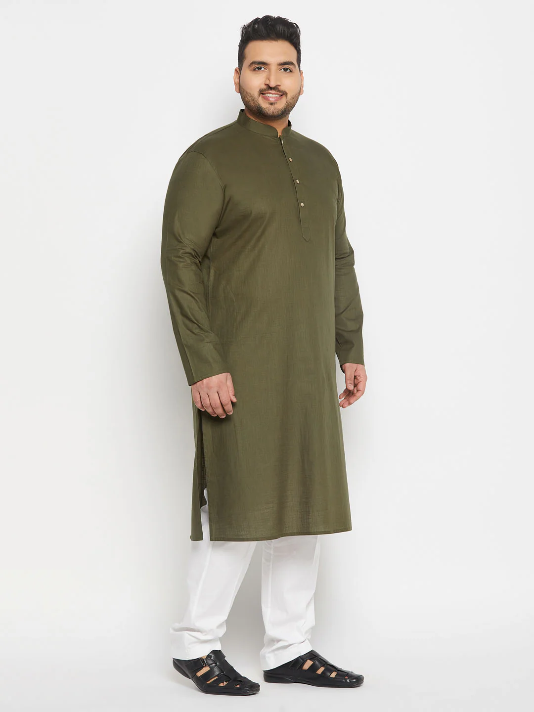Men's Plus Size Mehndi Green Cotton Kurta And Cotton Pant Style Pyjama Set - Image 6
