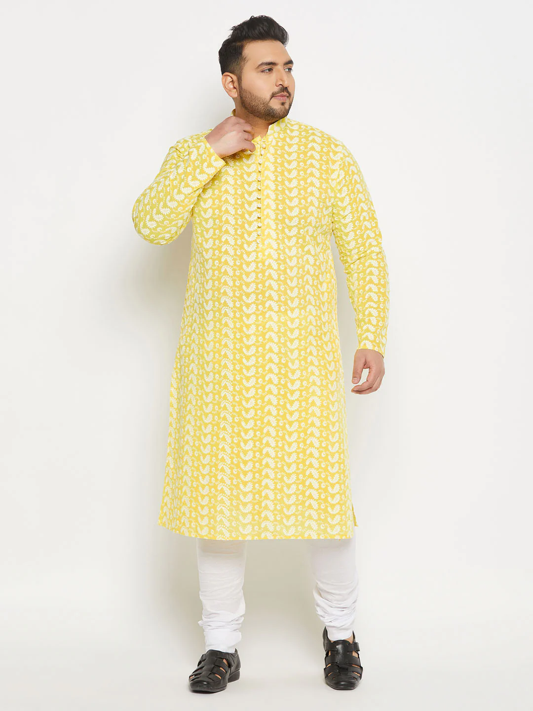 Men's Plus Size Mustard Chikankari Embroidered Kurta And White Pyjama Set - Image 6
