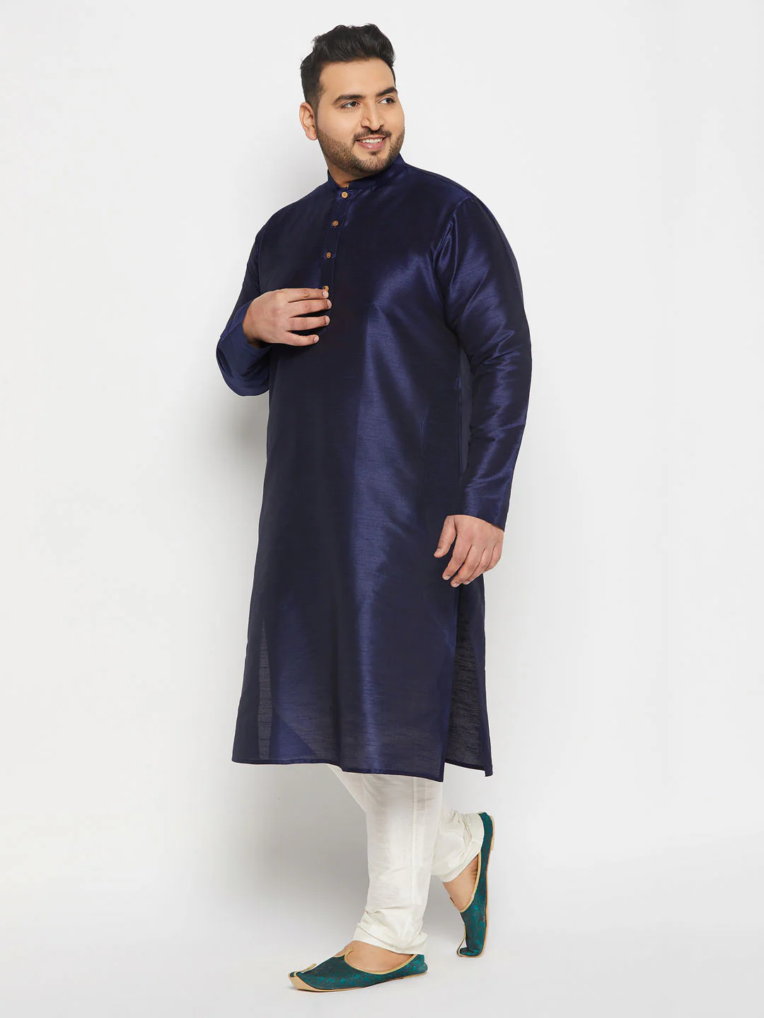 Men's Plus Size Navy Blue Silk Blend Kurta And Cream Pant Style Pyjama Set - Image 2