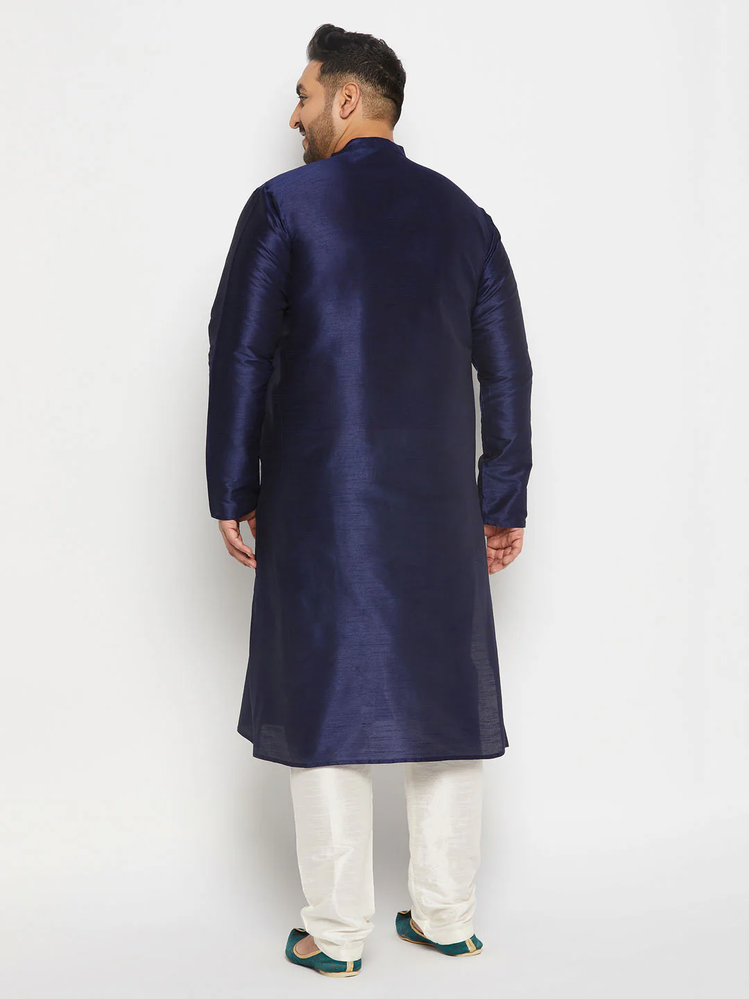 Men's Plus Size Navy Blue Silk Blend Kurta And Cream Pant Style Pyjama Set - Image 3