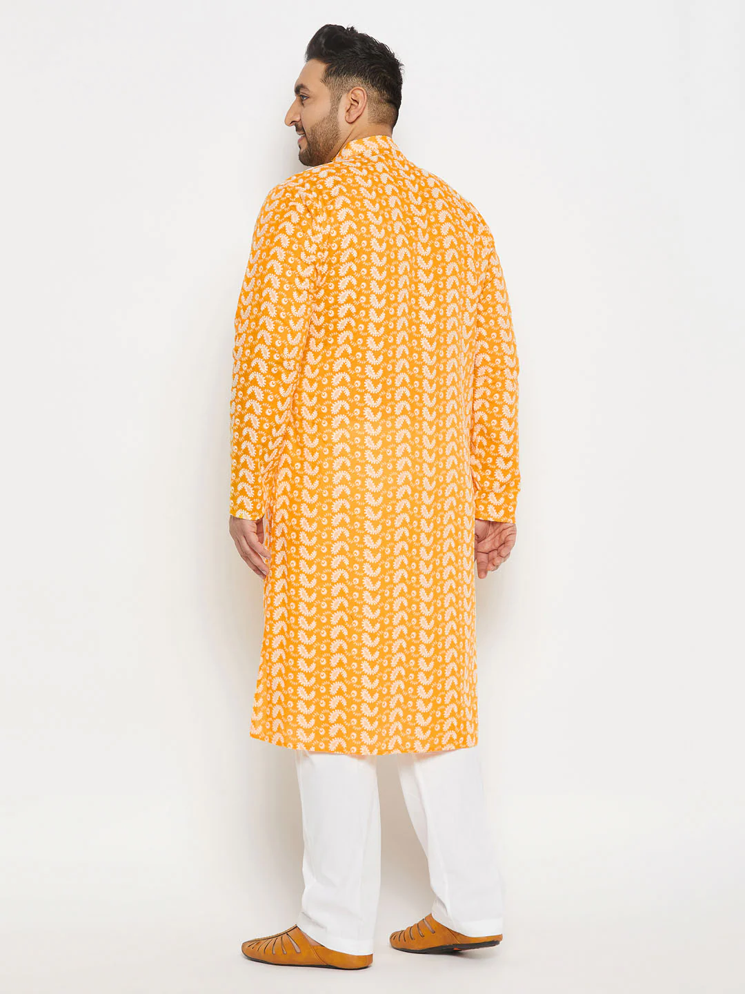 Men's Plus Size Orange Chikankari Embroidered Kurta And White Cotton Pant Style Pyjama Set - Image 3