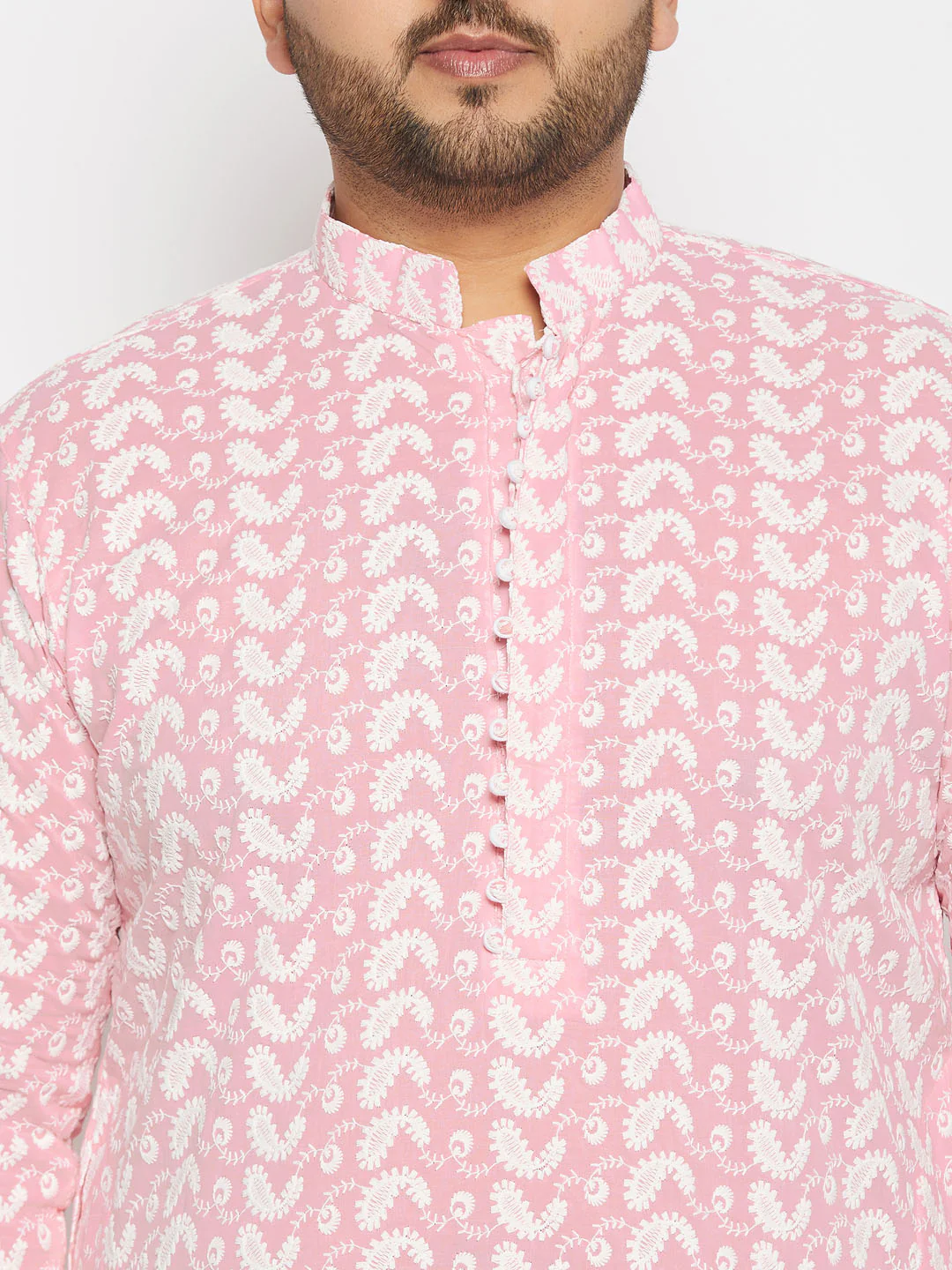 Men's Plus Size Pink Chikankari Embroidered Kurta And White Cotton Pant Style Pyjama Set - Image 4