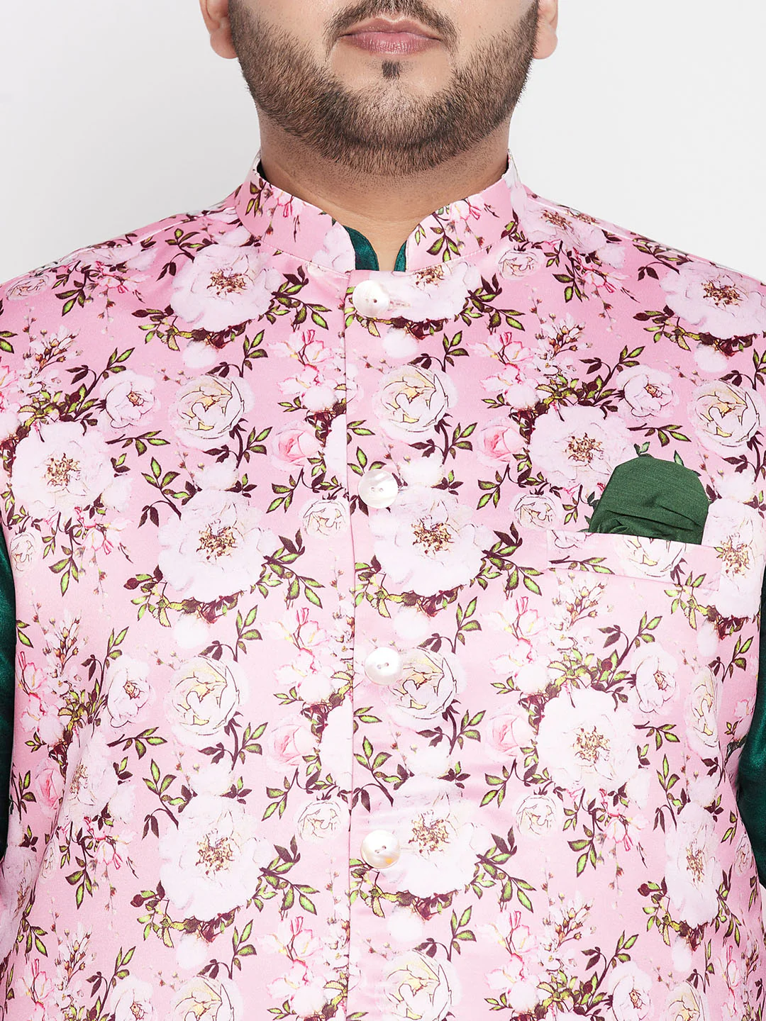 Men's Plus Size Pink Floral Printed Jacket With Green Solid Kurta Pyjama Set - Image 4