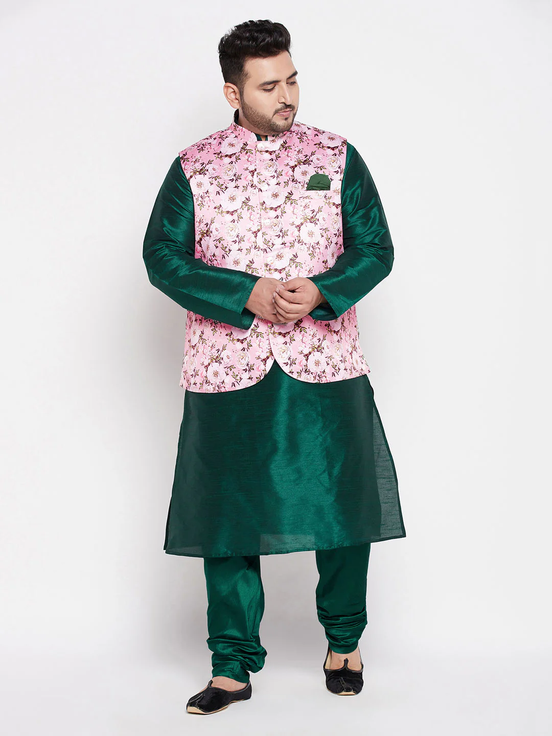 Men's Plus Size Pink Floral Printed Jacket With Green Solid Kurta Pyjama Set - Image 7