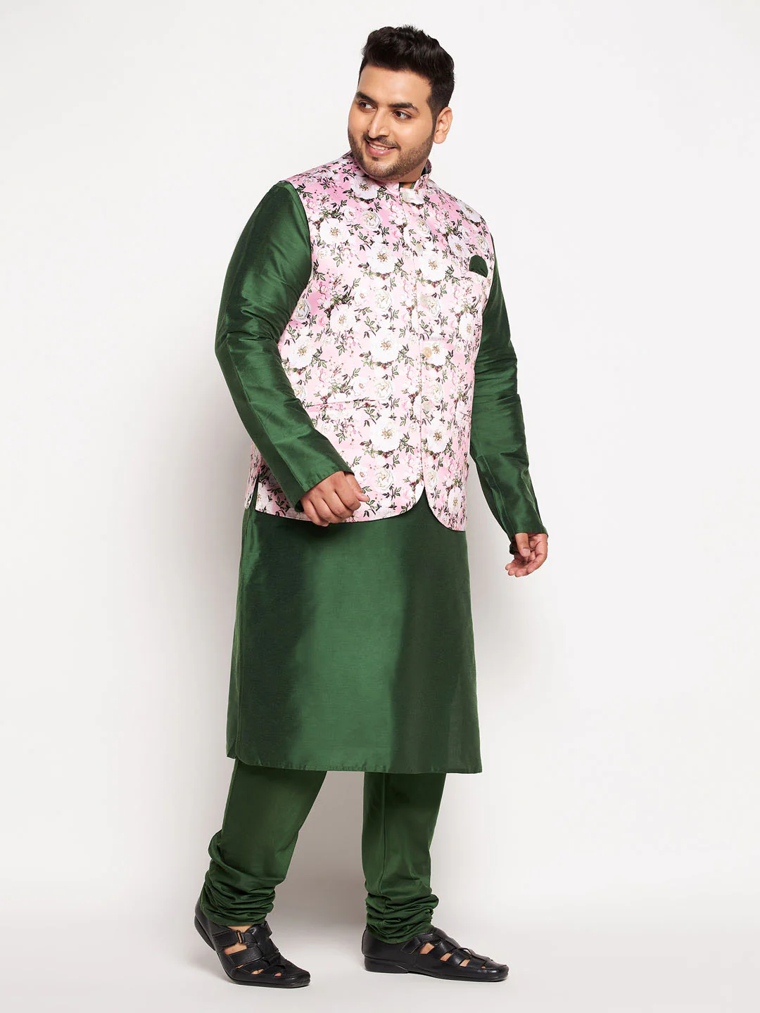 Men's Plus Size Pink Floral Printed Jacket With Viscose Green Solid Kurta Pyjama Set - Image 6