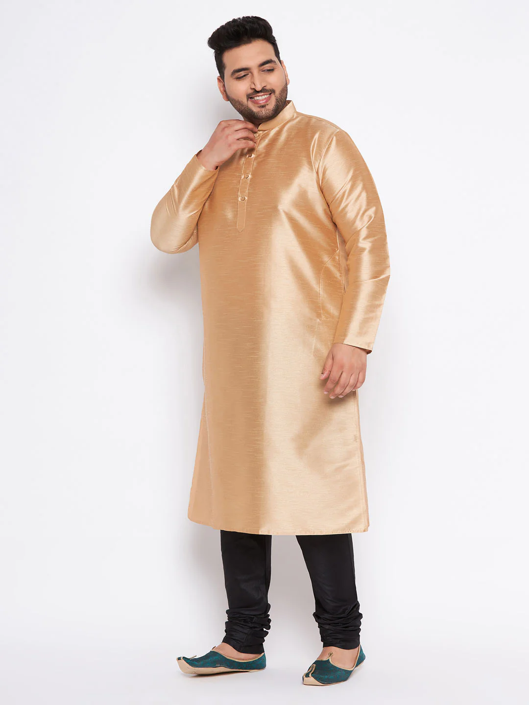 Men's Plus Size Rose Gold Silk Blend Kurta And Black Pyjama Set - Image 2