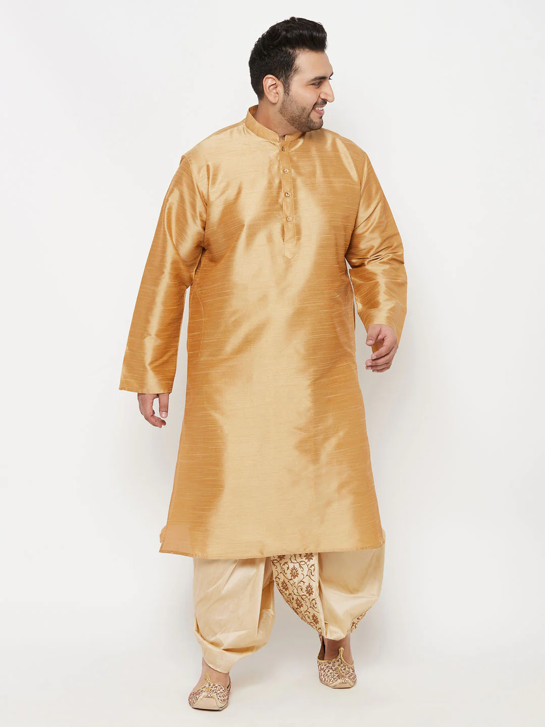 Men's Plus Size Rose Gold Silk Blend Kurta And Gold Dhoti Set - Image 7