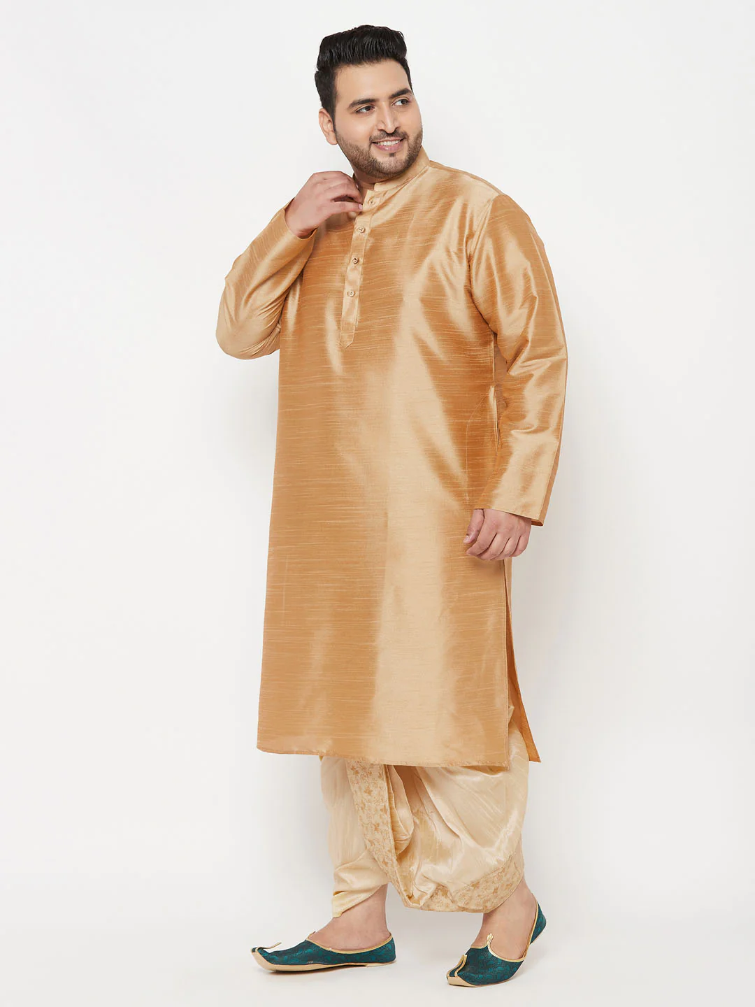 Men's Plus Size Rose Gold Silk Blend Kurta And Gold Dhoti Set - Image 2