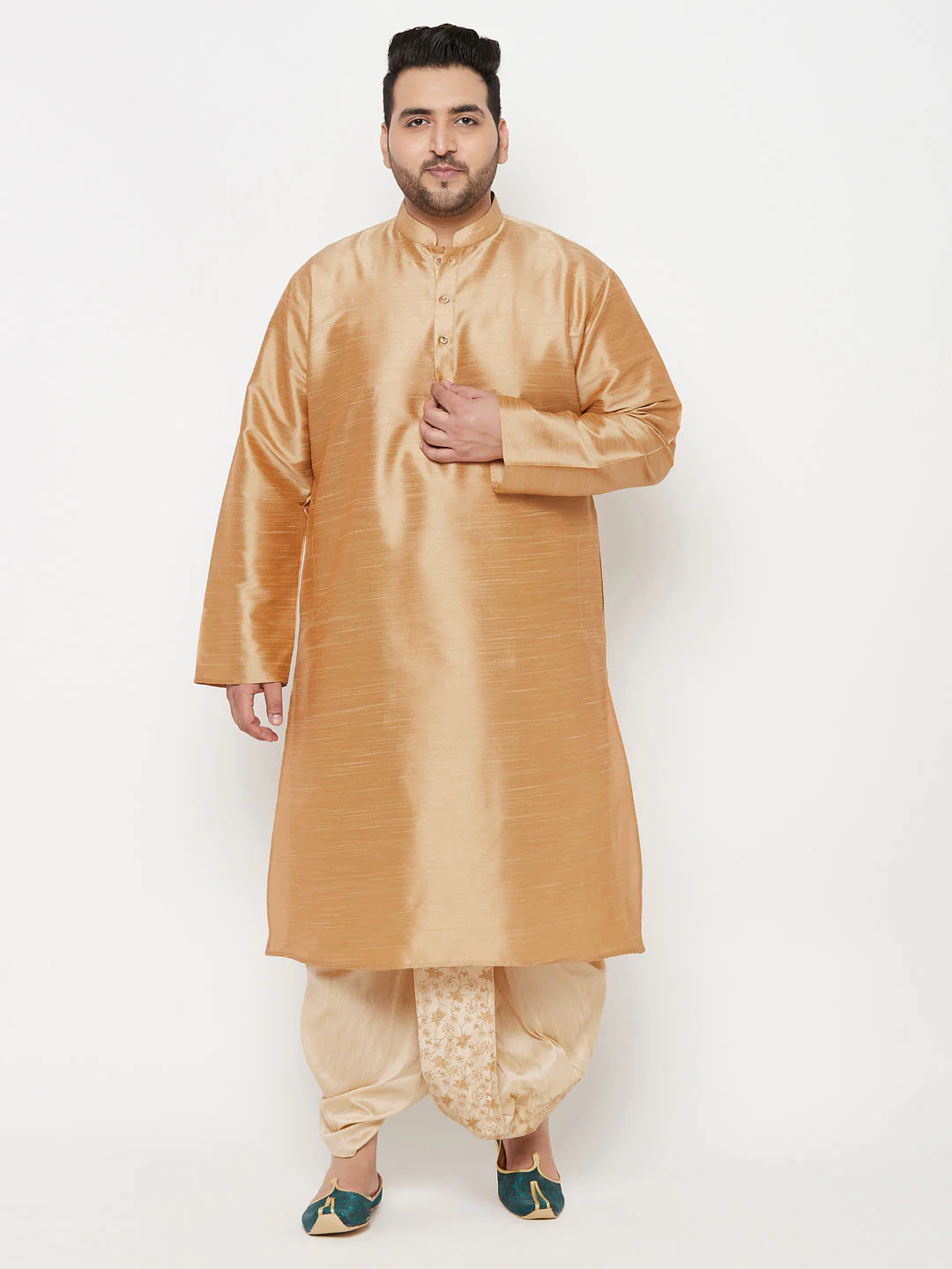Men's Plus Size Rose Gold Silk Blend Kurta And Gold Dhoti Set - Image 7