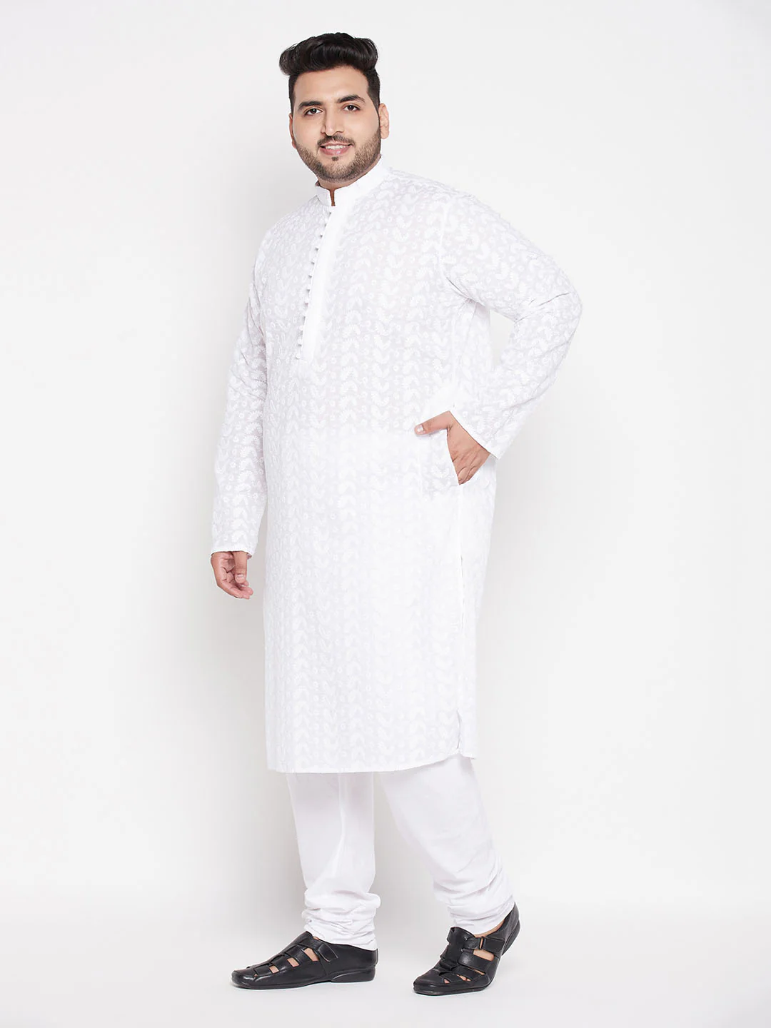 Men's Plus Size White Chikankari Embroidered Kurta And White Pyjama Set - Image 2