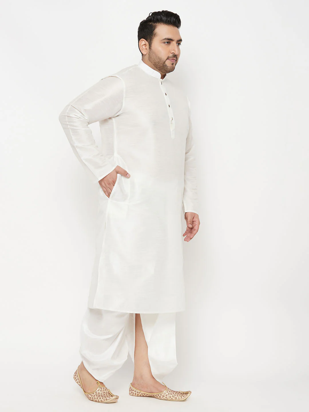 Men's Plus Size White Cotton Blend Kurta And White Dhoti Set - Image 7