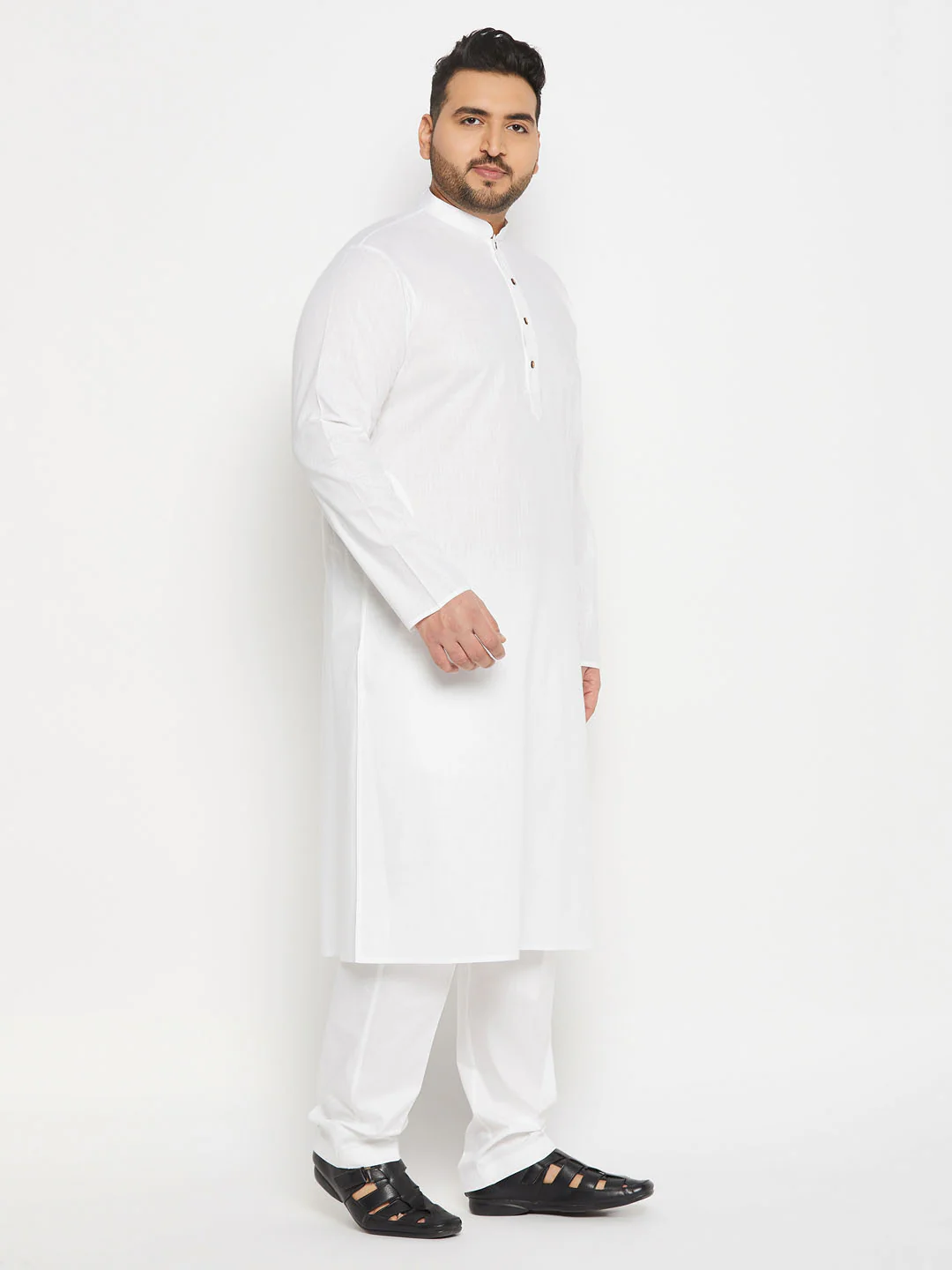 Men's Plus Size White Cotton Kurta And Cotton Pant Style Pyjama Set - Image 2