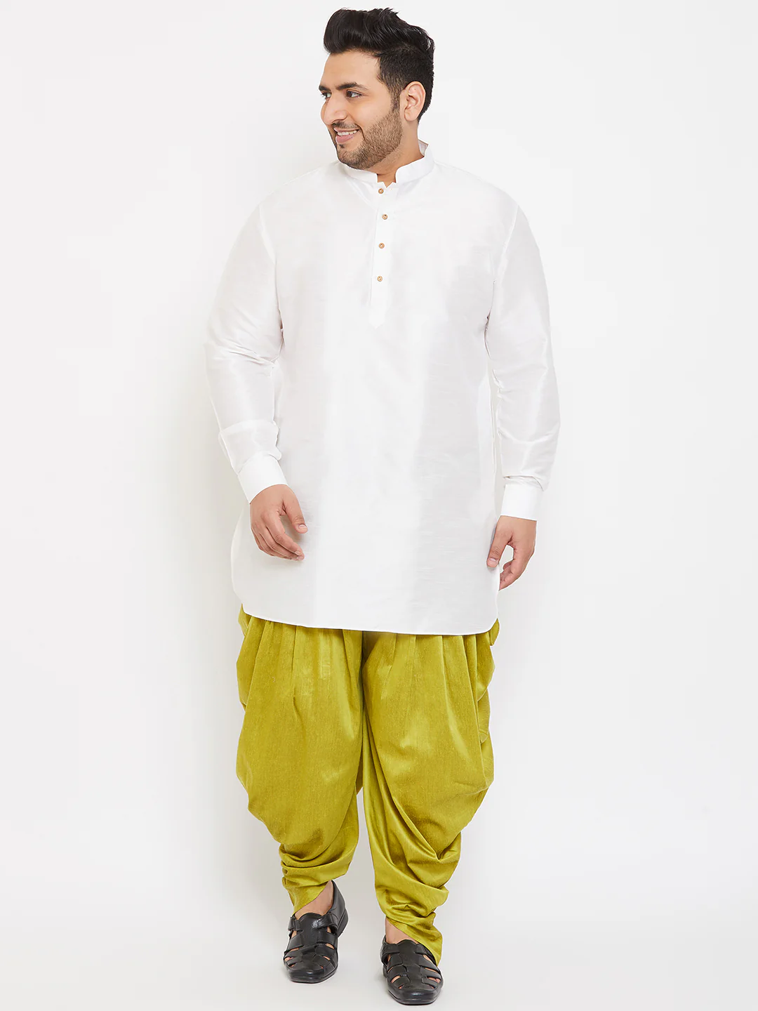 Men's Plus Size White Silk Blend Curved Kurta - Image 5