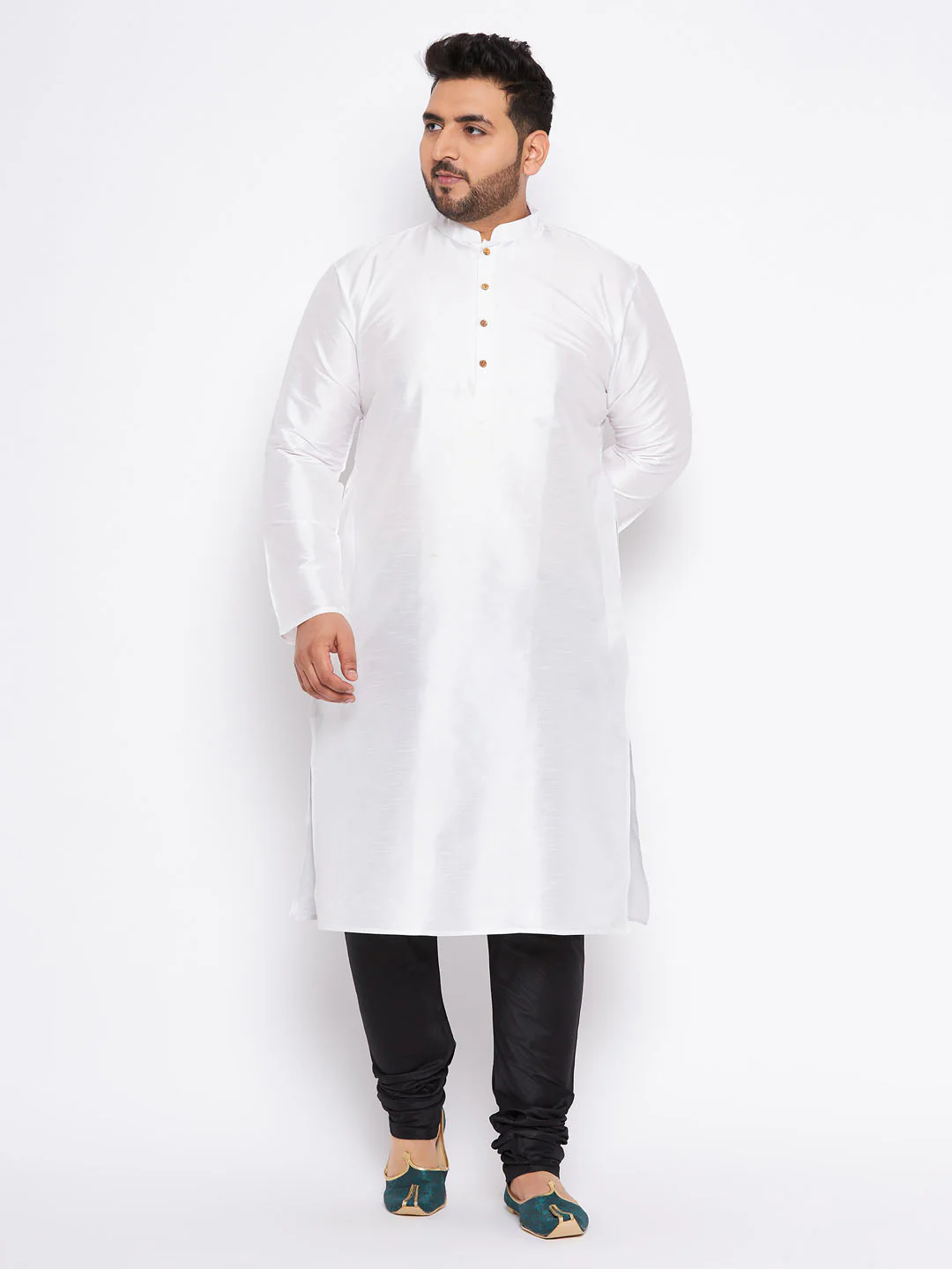 Men's Plus Size White Silk Blend Kurta And Black Pyjama Set - Image 7