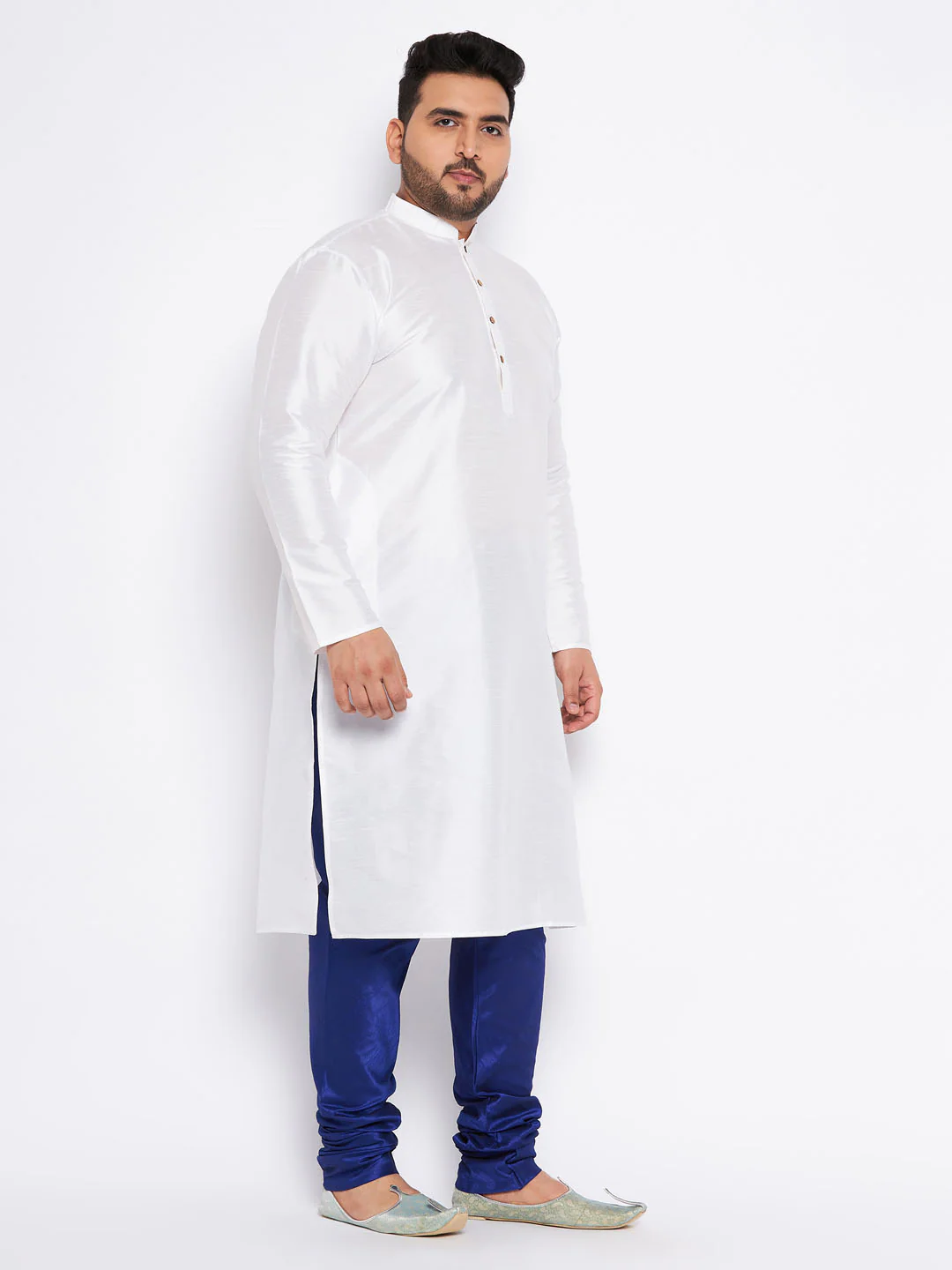 Men's Plus Size White Silk Blend Kurta And Blue Pyjama Set - Image 6