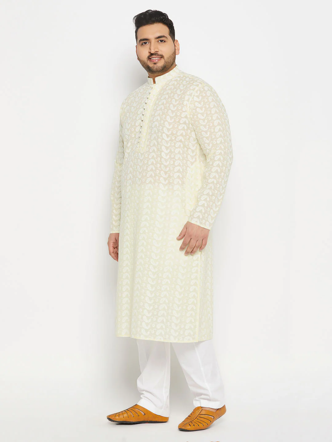 Men's Plus Size Yellow Chikankari Embroidered Kurta And White Cotton Pant Style Pyjama Set - Image 6