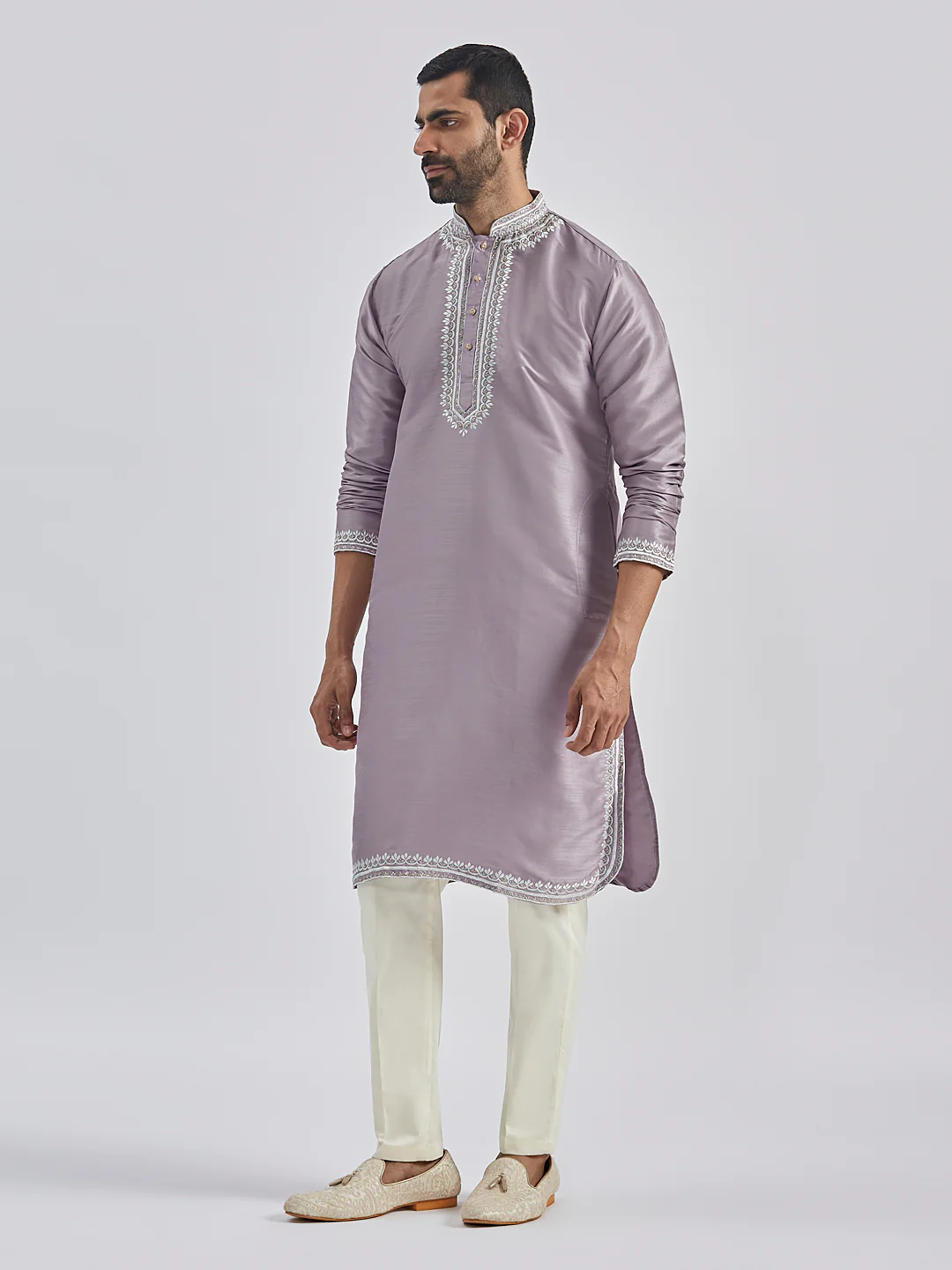 Men's Purple Silk Blend Kurta And Pyjama Set. - Image 4