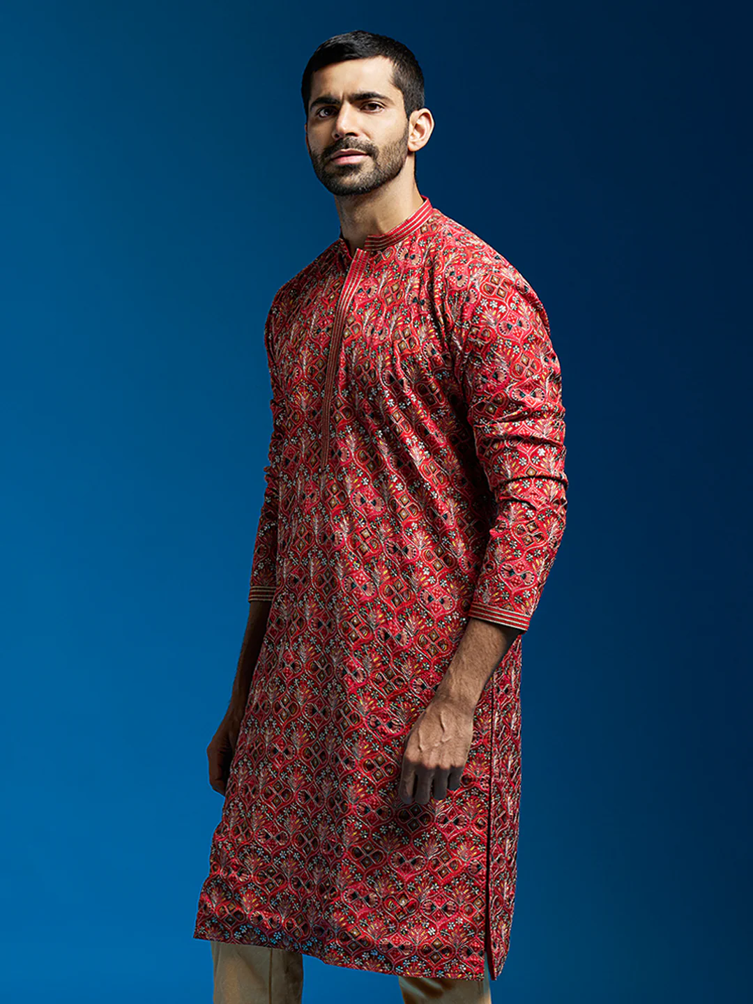 Men's Red Chinon Kurta - Image 4