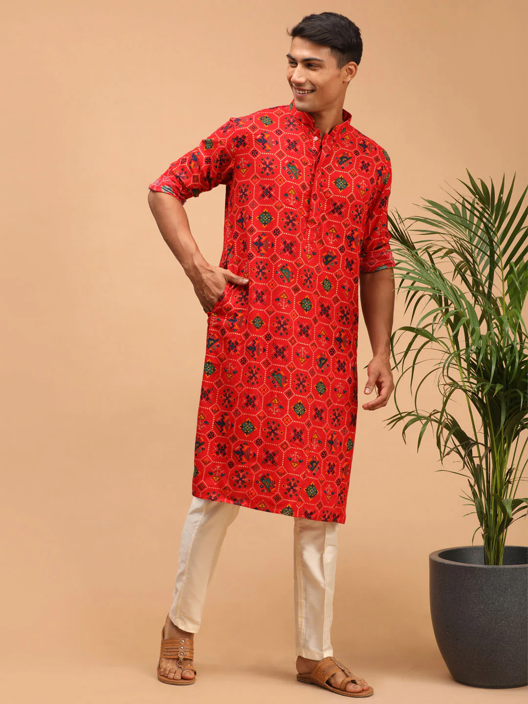 Men's Red Printed Rayon Kurta - Image 6