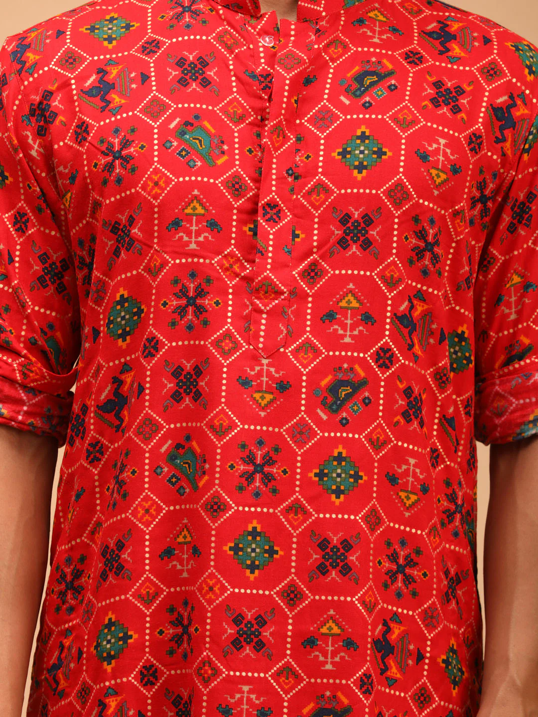 Men's Red Printed Rayon Kurta With Pant Set - Image 5