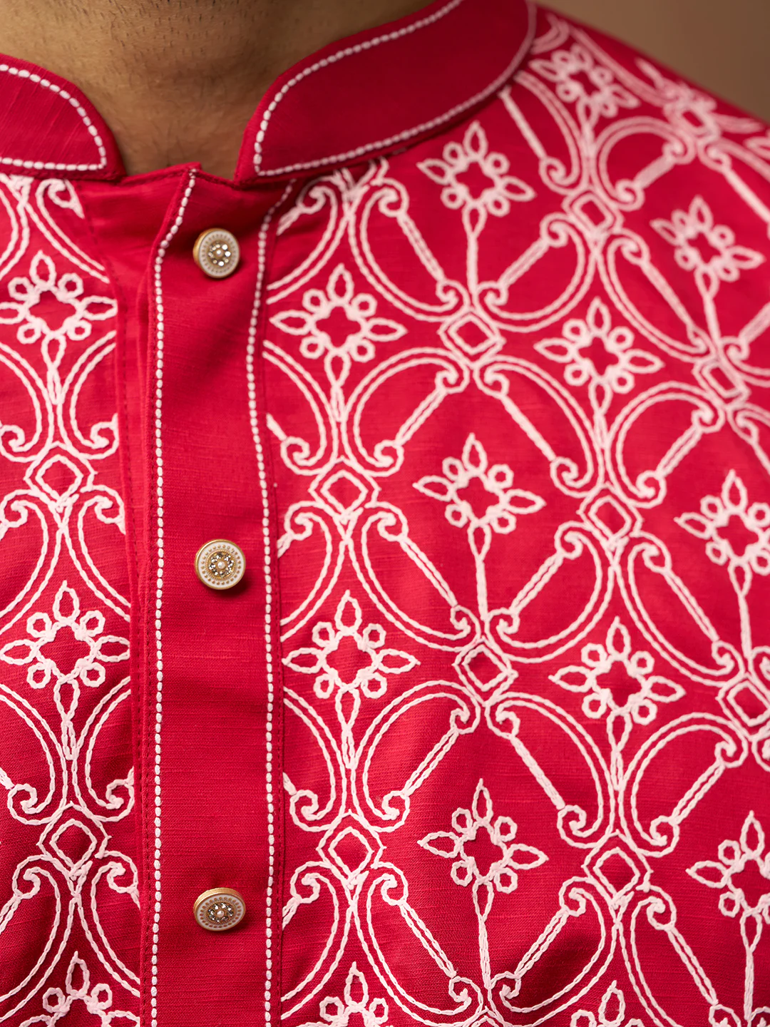 Men's Red Linen Silk Kurta with Cream Pants - Image 6
