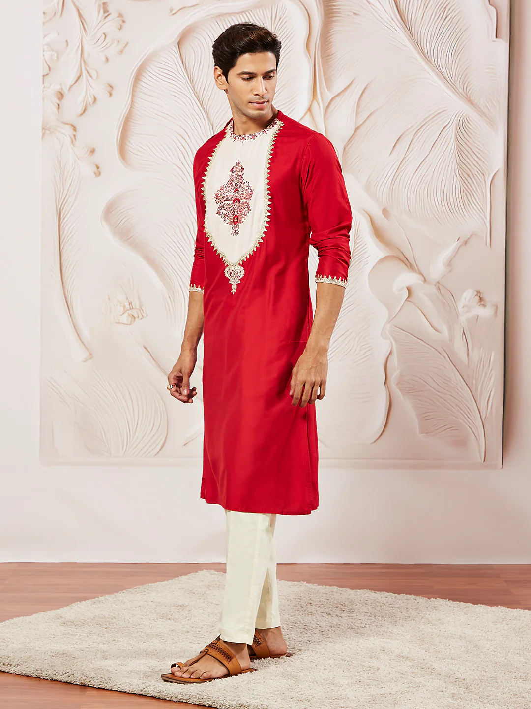 Men's Red Viscose Kurta And Pyjama Set - Image 4