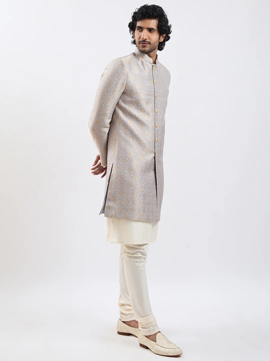 Men's Rose Gold And Gray Viscose Sherwani Set - Image 4