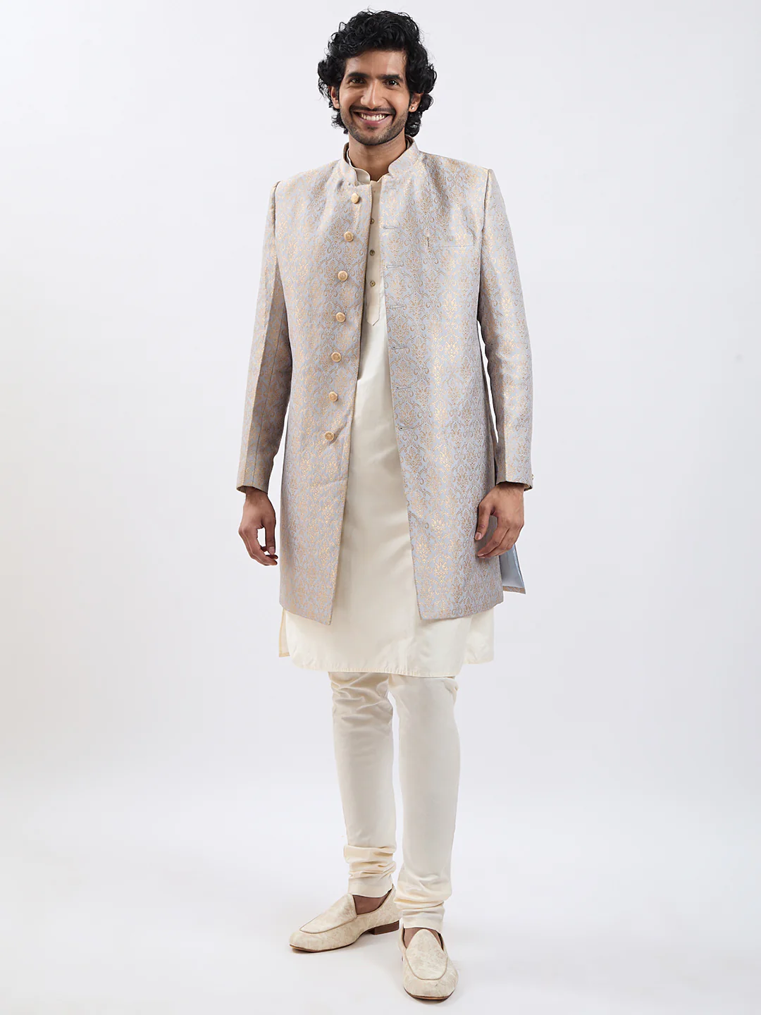 Men's Rose Gold And Gray Viscose Sherwani Set - Image 7