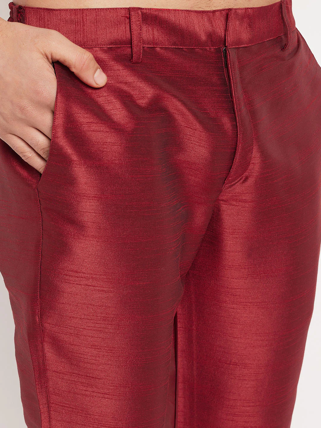 Men's Rose Gold Silk Blend Kurta And Maroon Pant Style Pyjama Set - Image 5
