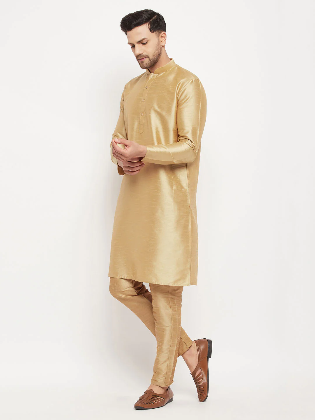 Men's Rose Gold Silk Blend Kurta And Rose Gold Pant Style Pyjama Set - Image 6