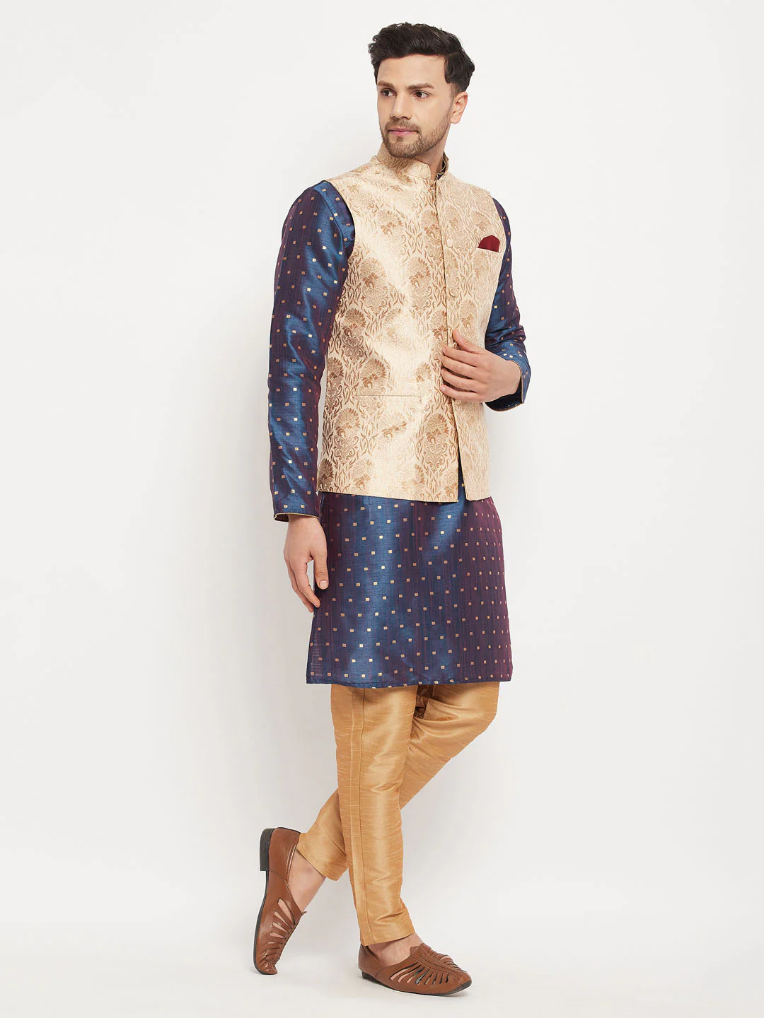 Men's Rose Gold Jacquard Jacket With Kurta And Pant Set - Image 2