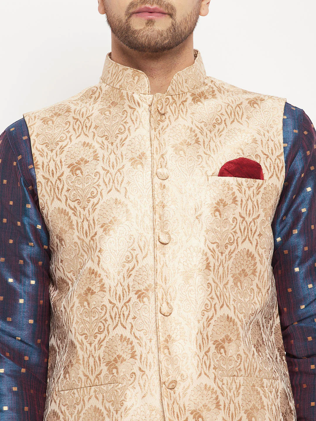 Men's Rose Gold Jacquard Jacket With Kurta And Pant Set - Image 4
