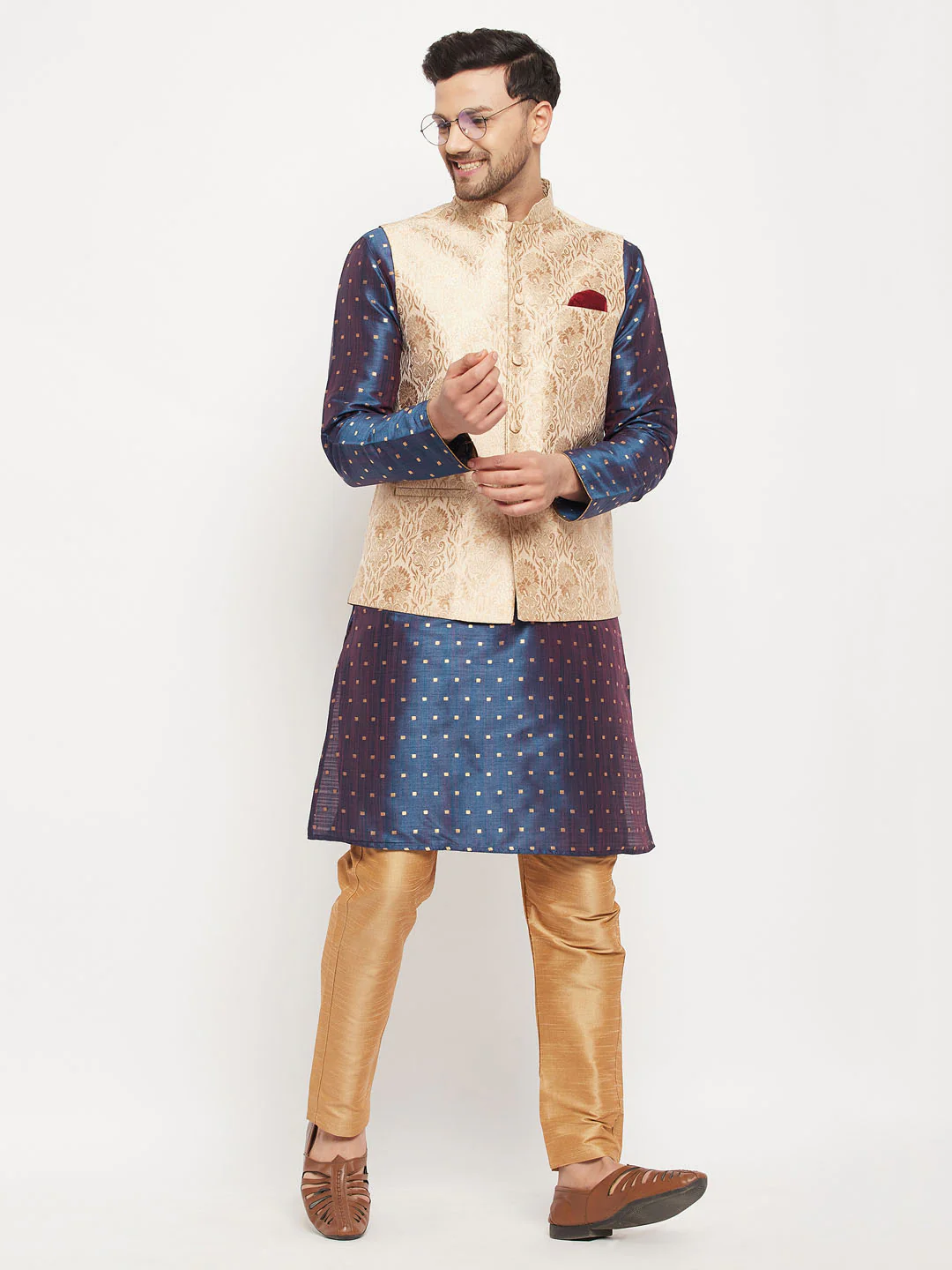 Men's Rose Gold Jacquard Jacket With Kurta And Pant Set - Image 6