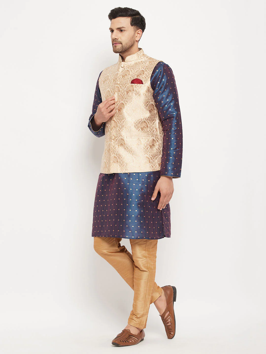 Men's Rose Gold Jacquard Jacket With Kurta And Pant Set - Image 7