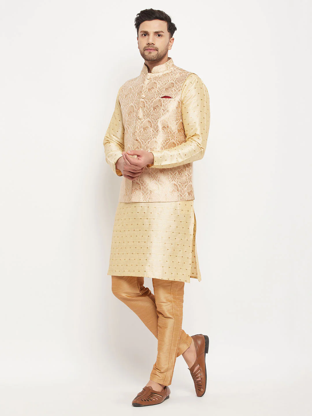 Men's Rose Gold Jacquard Jacket With Kurta And Pant Set - Image 7