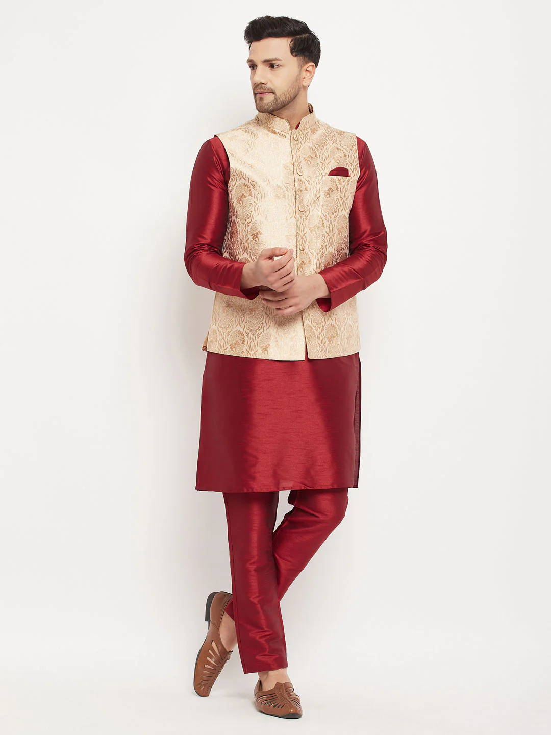 Men's Rose Gold Jacquard Jacket With Kurta And Pant Set - Image 6
