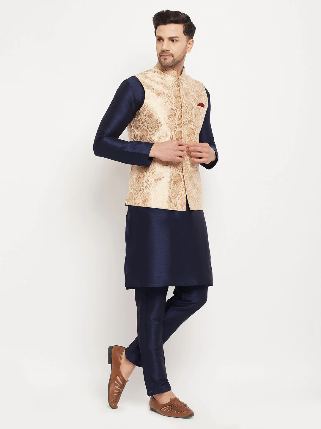 Men's Rose Gold Jacquard Jacket With Kurta And Pant Set - Image 2