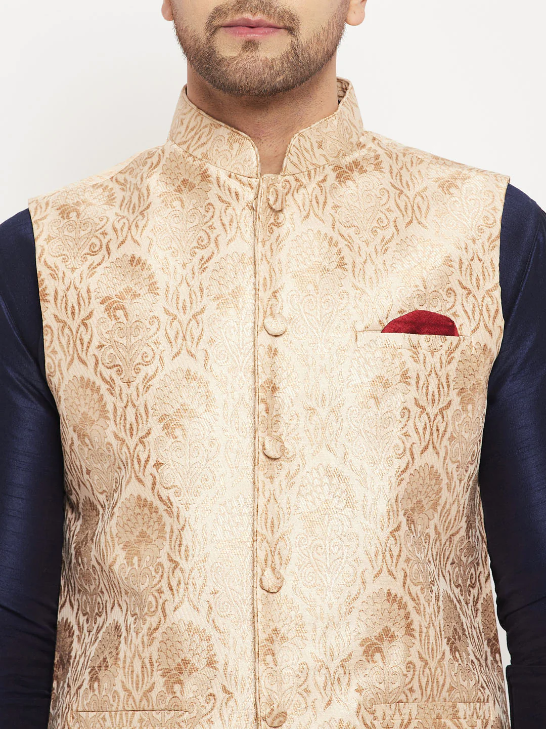 Men's Rose Gold Jacquard Jacket With Kurta And Pant Set - Image 4