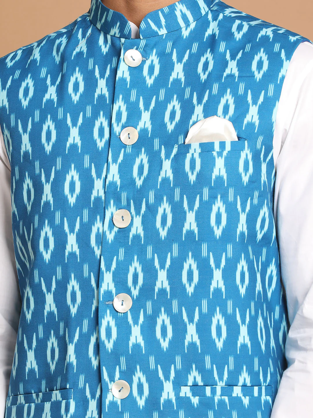 Men's Turquoise Cotton Nehru Jacket With White Kurta And Pant Set - Image 4