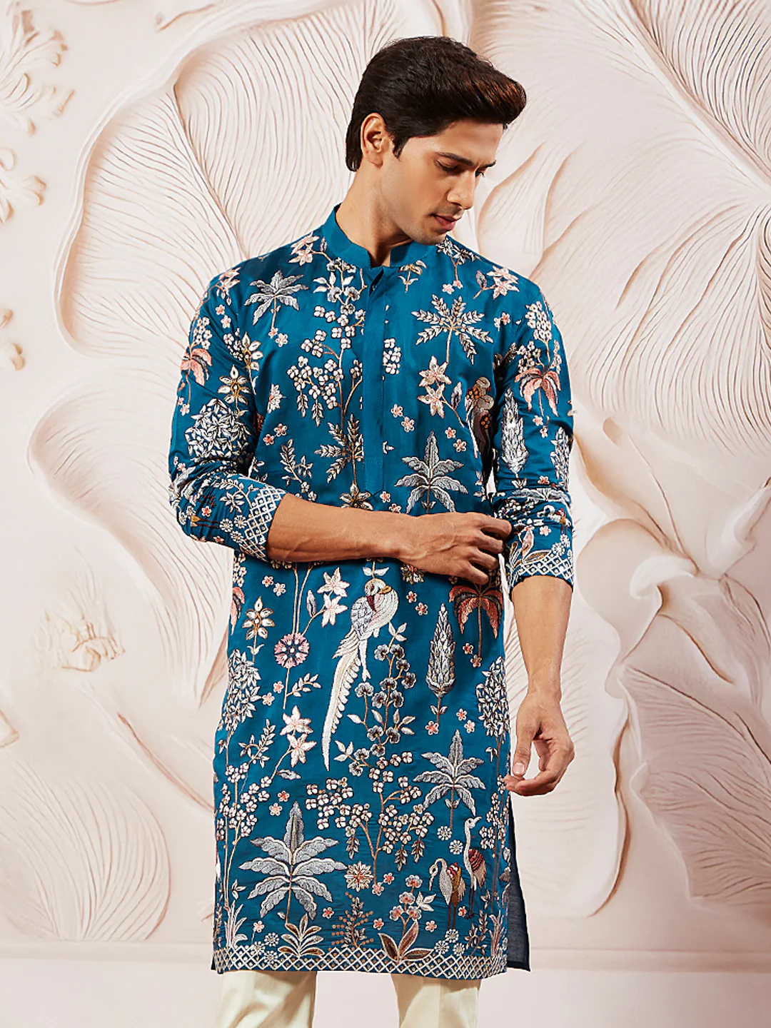 Men's Turquoise Silk Blend Kurta - Image 5