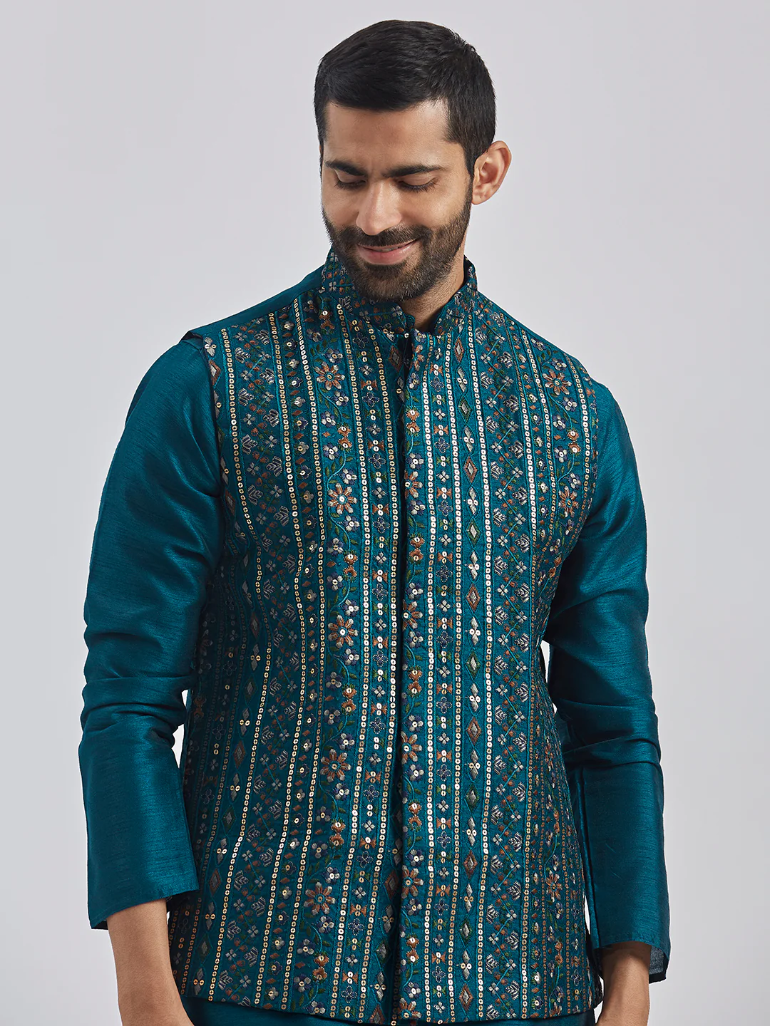 Men's Turquoise Silk Blend Nehru Jacket - Image 3