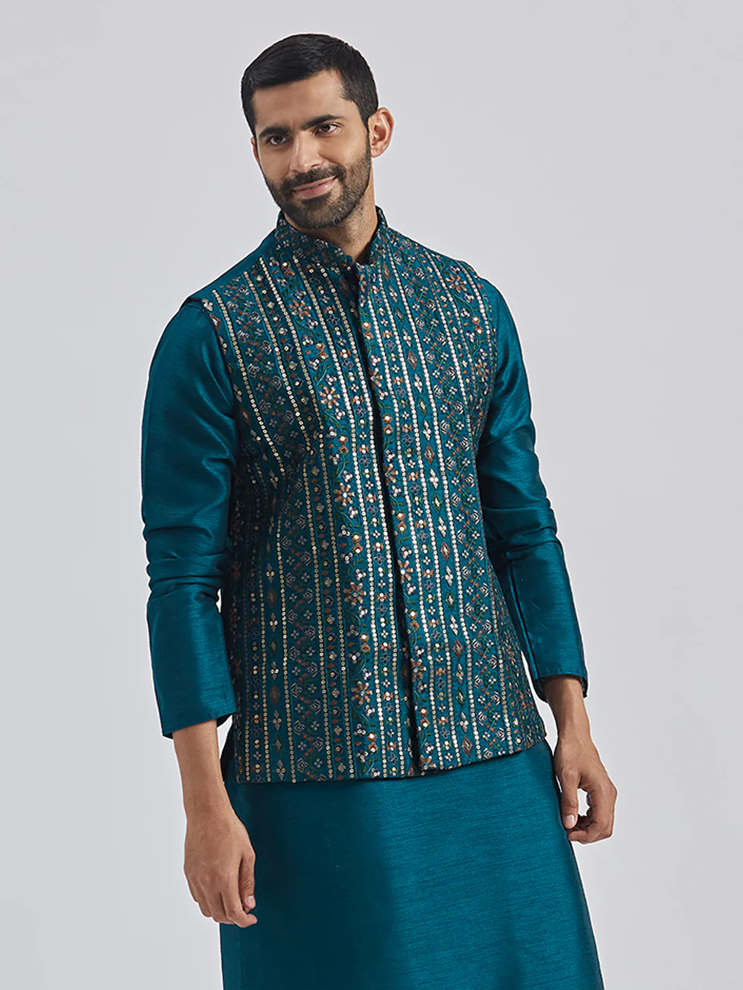 Men's Turquoise Silk Blend Nehru Jacket - Image 4