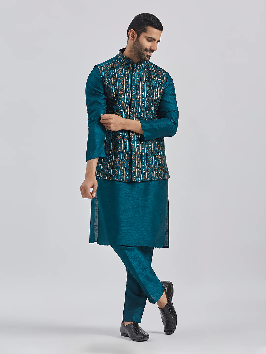 Men's Turquoise Silk Blend Nehru Jacket - Image 6
