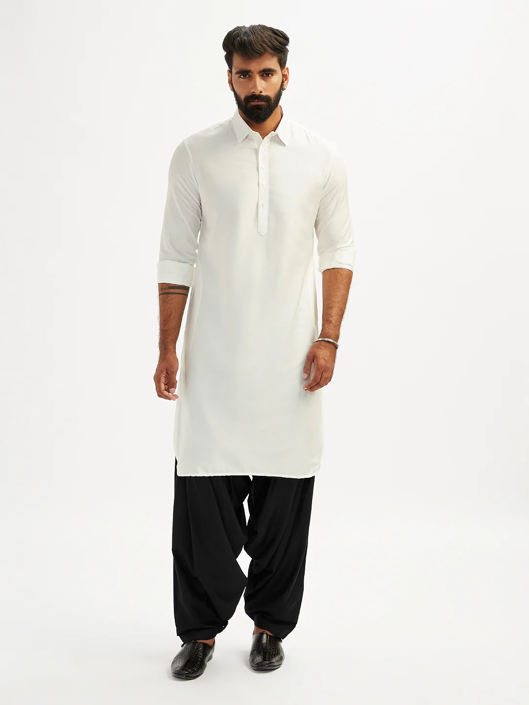 Men's White And Black Viscose Pathani Kurta Set - Image 2